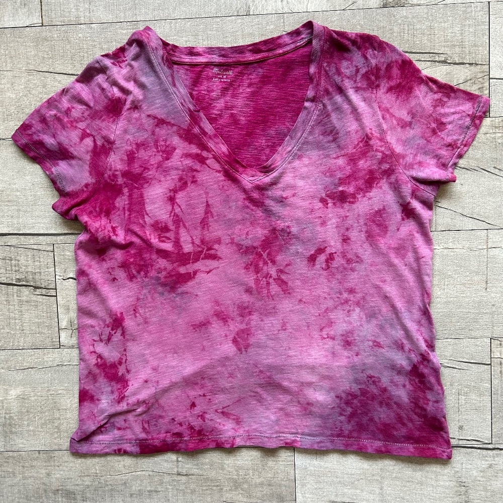 Madewell Pink Barbiecore Tie Dye Ombre 100% Cotton V-Neck Handmade T-Shirt MED
